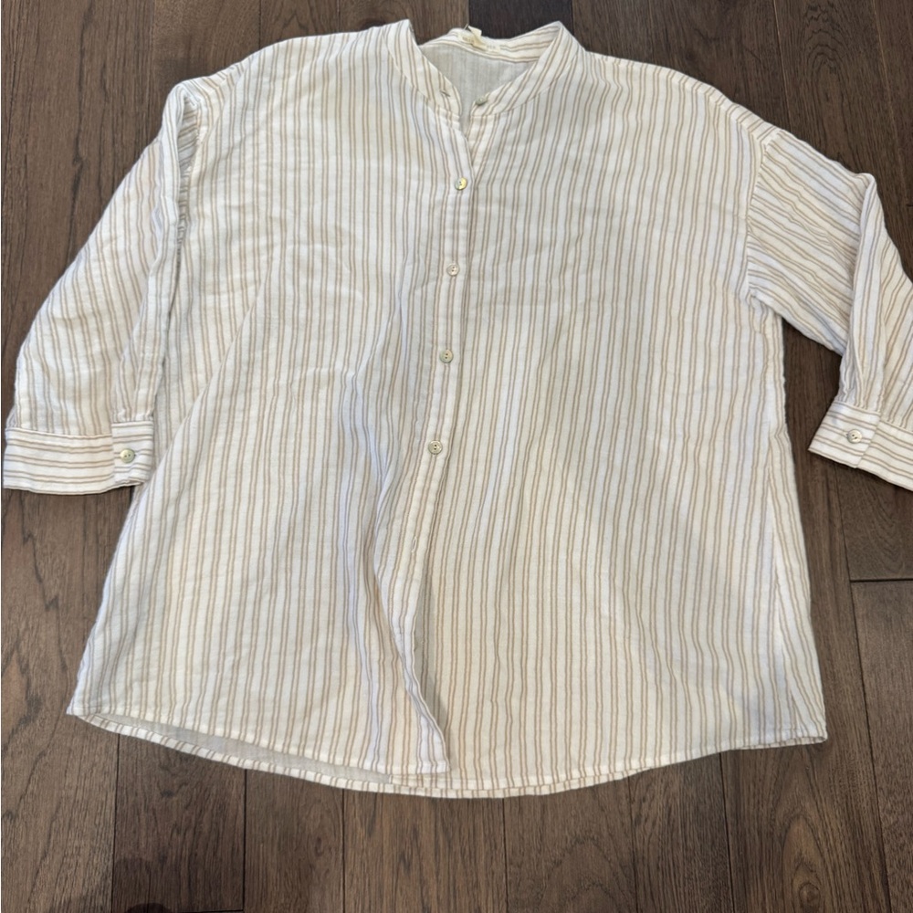 Eileen Fisher Cream and Khaki Striped 3/4 sleeve 100% organic cotton